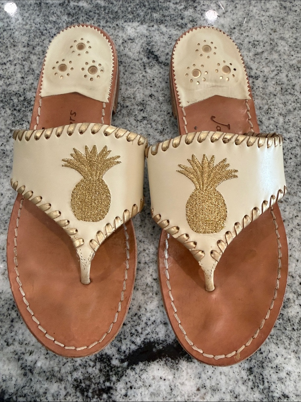 Jack Rogers Cream Leather Pineapple Thong Sandals with Gold Accent